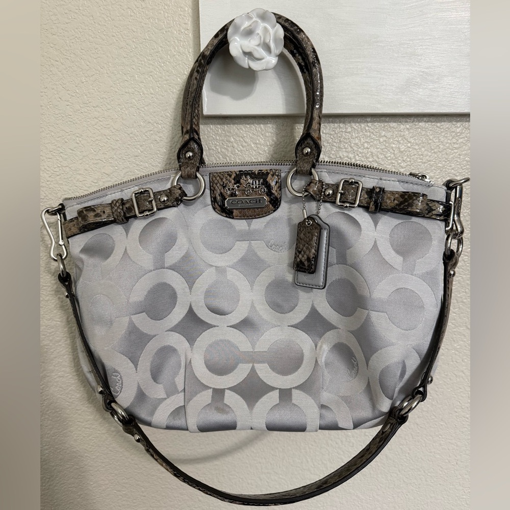 Vintage Signature Coach Silver and Brown Snake Trim Satchel Crossbody Bag